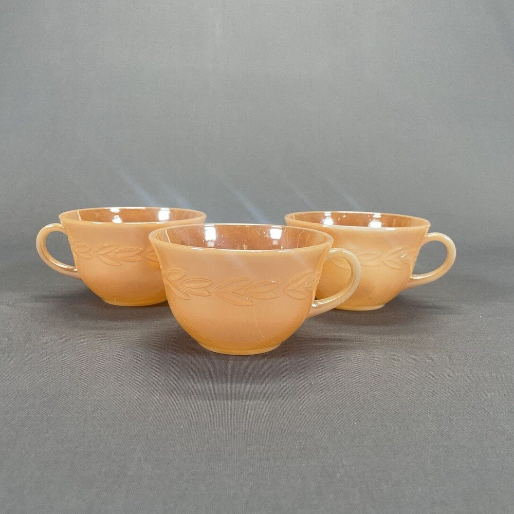 Anchor Hocking Fire King Peach Lustre Laurel Tea Coffee Cups Set of 3 Vintage